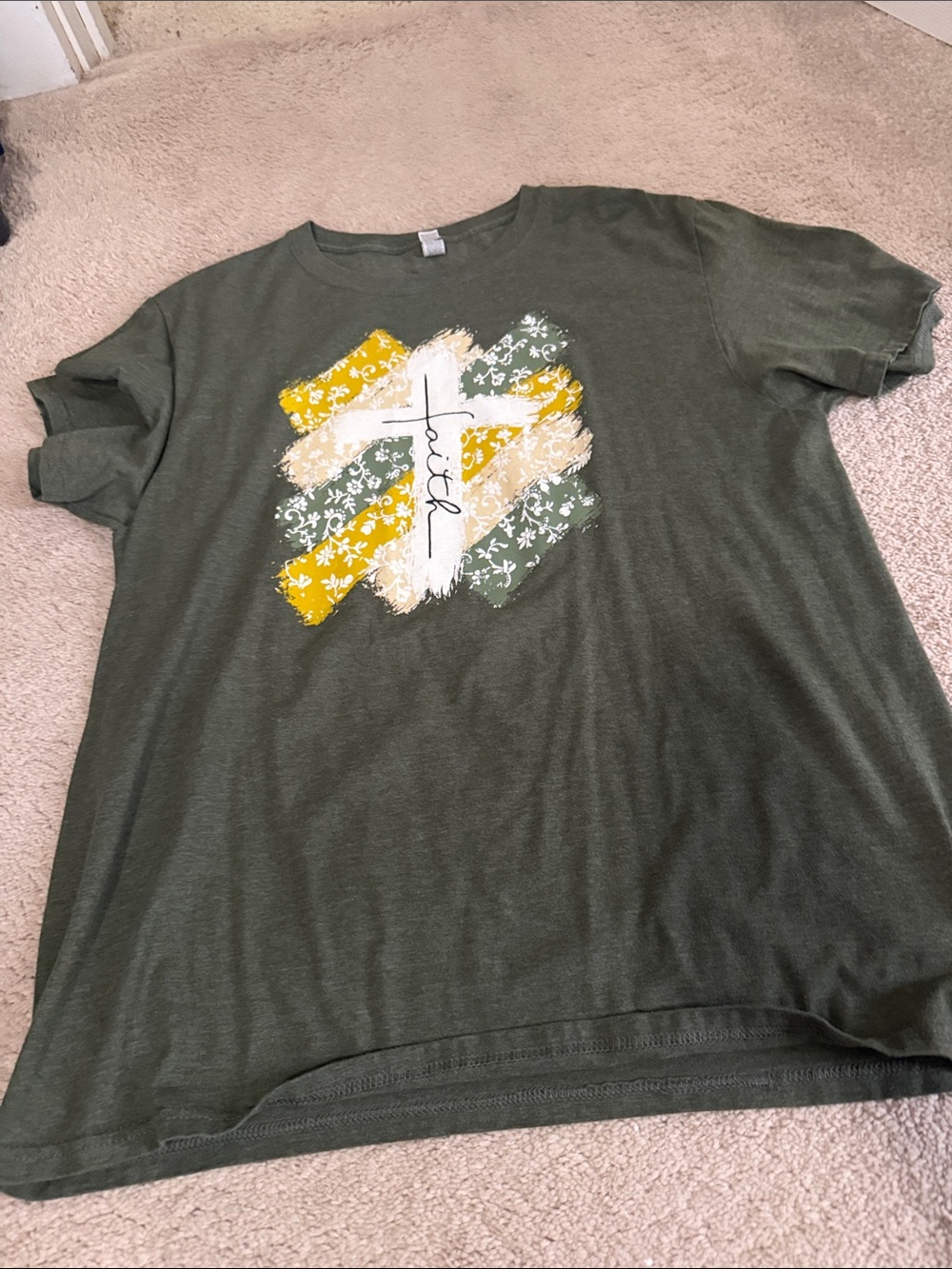 Olive Green 'Faith' Graphic Tee with Yellow & Cream Accents